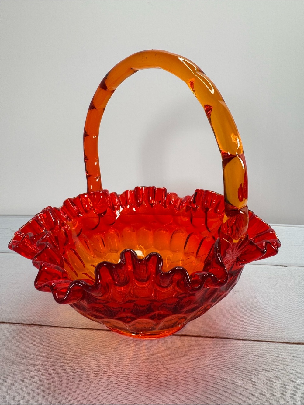 Vintage Fenton Amberina Thumbprint Ruffled Glass Basket